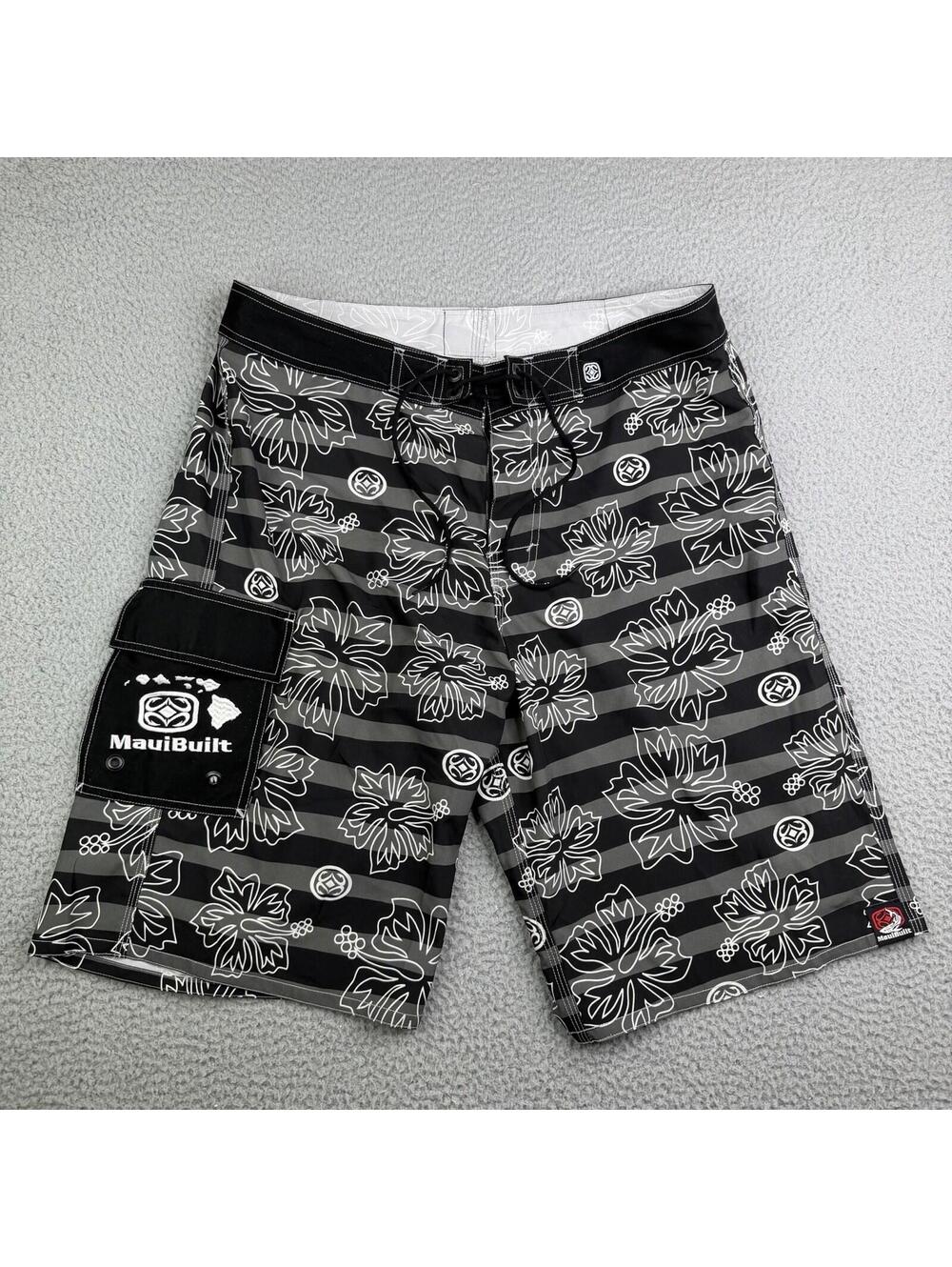 Maui Built Black Gray Striped Tropical Board Shorts Sz 36W Surf Hawaiian